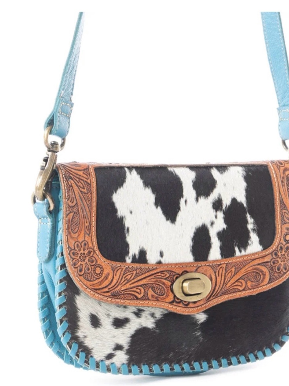 Myra Bag Black White Cowhide Crossbody with Turquoise Trim